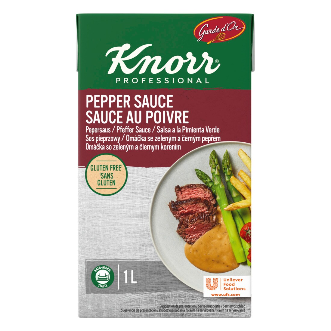 Knorr Salsa Líquida Pimienta Verde lista para usar brik 1L - Las Salsas Líquidas Knorr te aseguran empezar cada servicio con salsas perfectas.